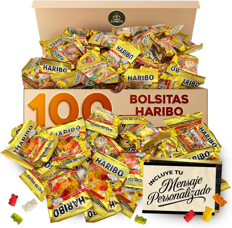 100 Bolsitas de Ositos HARIBO ORO (1 Kg en Total) · Mini Packs Individuales de 10 g · Incluye Tarjeta Personalizable Cia&Co · Ideal para Cumpleaños, Halloween, Fiestas Infantiles y Regalos de Empresa