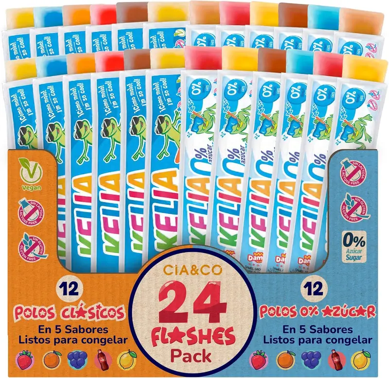 24 Polos para Congelar | 12 Flashes Classic + 12 Flashes 0% Azúcar | Polos Flash de Hielo Sabores Variados | Sin Gluten y Aptos para Veganos | Selección Cia&Co