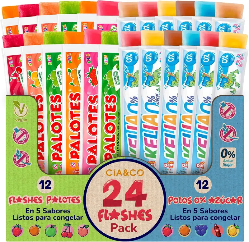 24 Polos para Congelar | 12 Flashes Palotes Fresa + 12 Flashes 0% Azúcar | Polos Flash de Hielo Sabores Variados | Sin Gluten y Aptos para Veganos | Selección Cia&Co