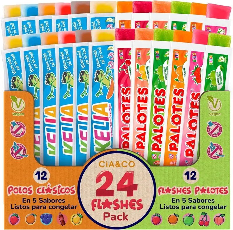 24 Polos para Congelar Cia&Co | 12 Flashes Classic + 12 Flashes Palotes | Sabores Variados | Polos Flash de Hielo para Verano | Sin Gluten y Aptos para Veganos