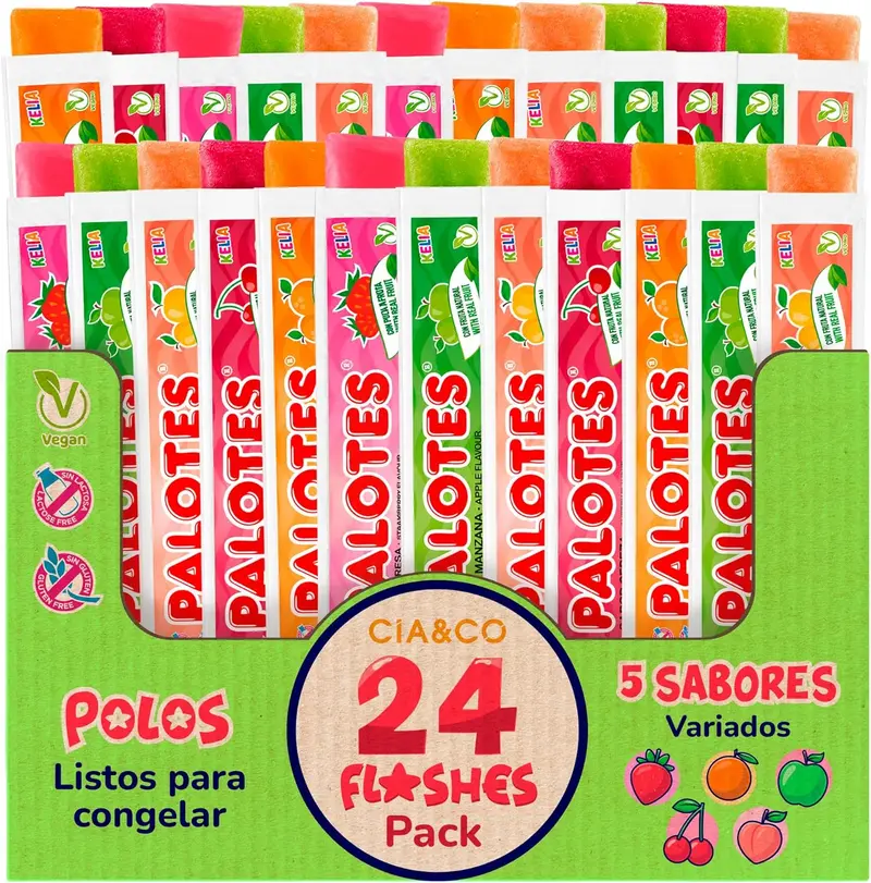 24 Polos para Congelar Palotes | Flashes de Hielo Sabor Fresa | Polos Flash para Verano Inspirados en el Icónico Palotes | Sin Gluten y Aptos para Veganos | Selección Cia&Co