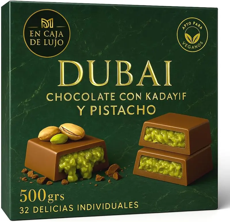 32 Delicias de Chocolate Dubai Gourmet, 500g. Bombones de lujo con pistacho y kadayif crujiente, presentados en una elegante caja de regalo con letras doradas.