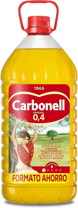 Aceite de Oliva Carbonell en garrafa de 5 Litros, un aceite versátil con sabor suave y 0,4º de acidez, especialmente recomendado para uso en caliente como guisos y frituras.