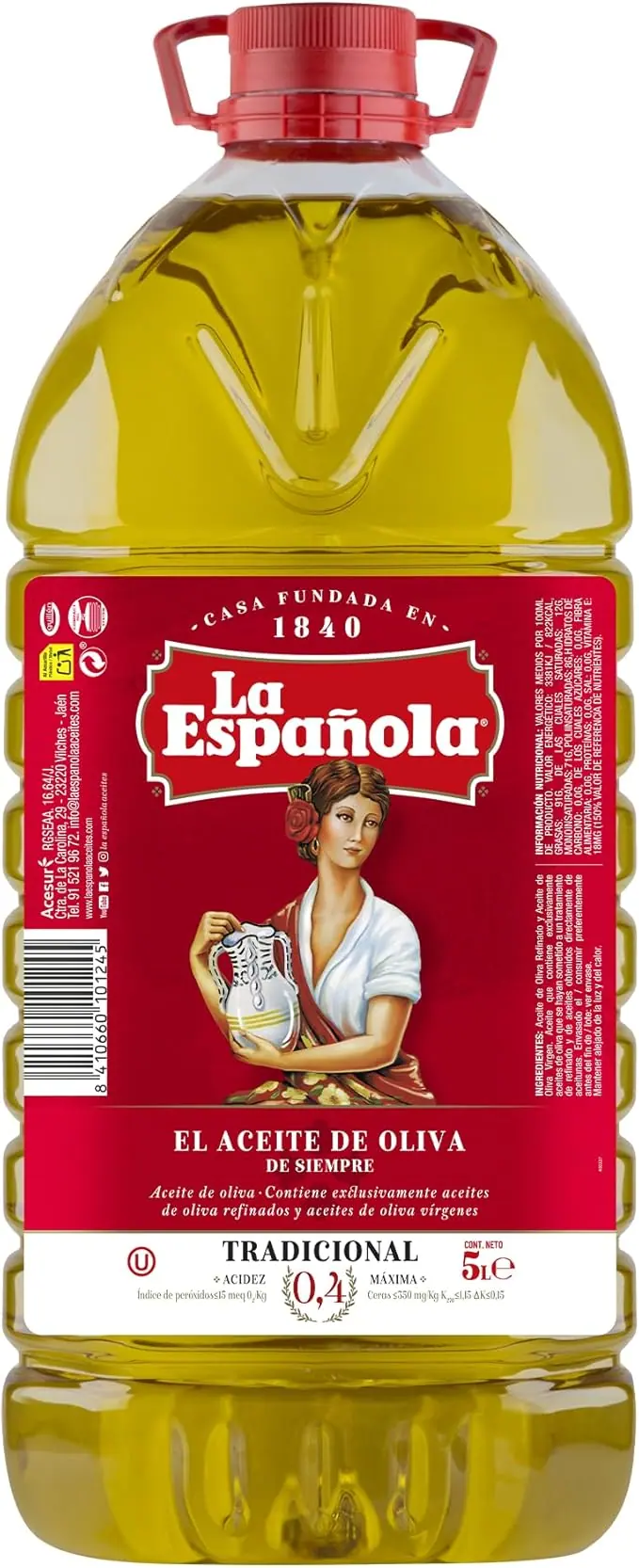 Aceite de Oliva Suave La Española en garrafa de 5 Litros, un aceite versátil y equilibrado con baja acidez, ideal para todo tipo de recetas, desde fritos hasta repostería.