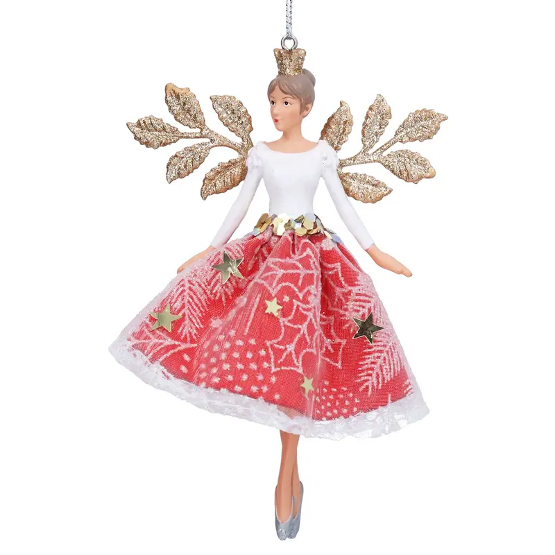 Adorno de Navidad hada con falda roja estrellada, colgante