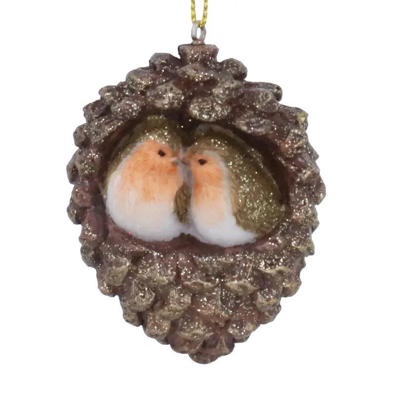 Adorno de Navidad piña con dos petirrojos, colgante