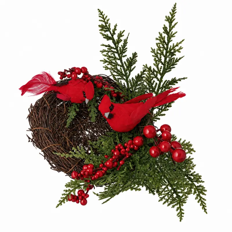 Adorno Navideño de Nido con Cardenales, Bayas y Ramas de Cedro