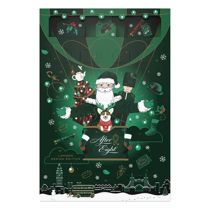 After Eight Calendario de Adviento con 24 bombones de chocolate negro y menta. Disfruta de la Navidad al estilo inglés con su diseño 3D y cacao de cultivo sostenible (199g).