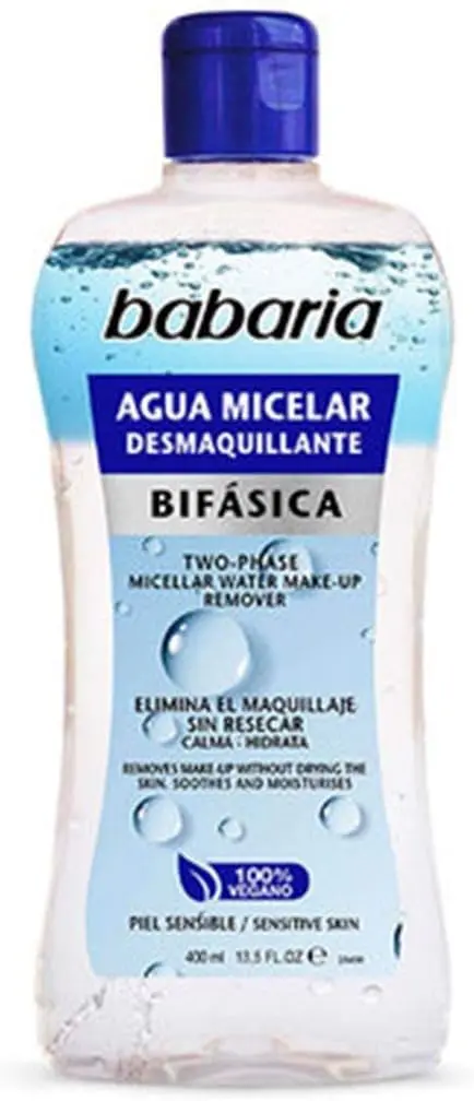 Agua Micelar Bifásica de Babaria en formato de 400 ml. Limpiador facial y desmaquillante de ojos y labios que elimina eficazmente el maquillaje waterproof y de larga duración.