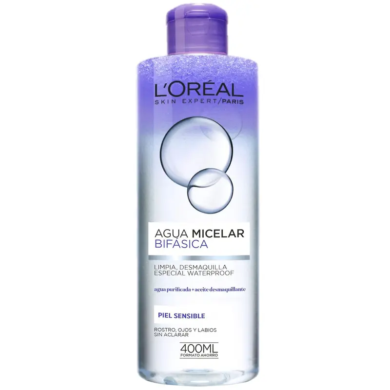 Agua Micelar Bifásica L'Oréal Paris Dermo Expertise (400 ml). El desmaquillante definitivo para pieles sensibles, que elimina el maquillaje waterproof sin frotar.