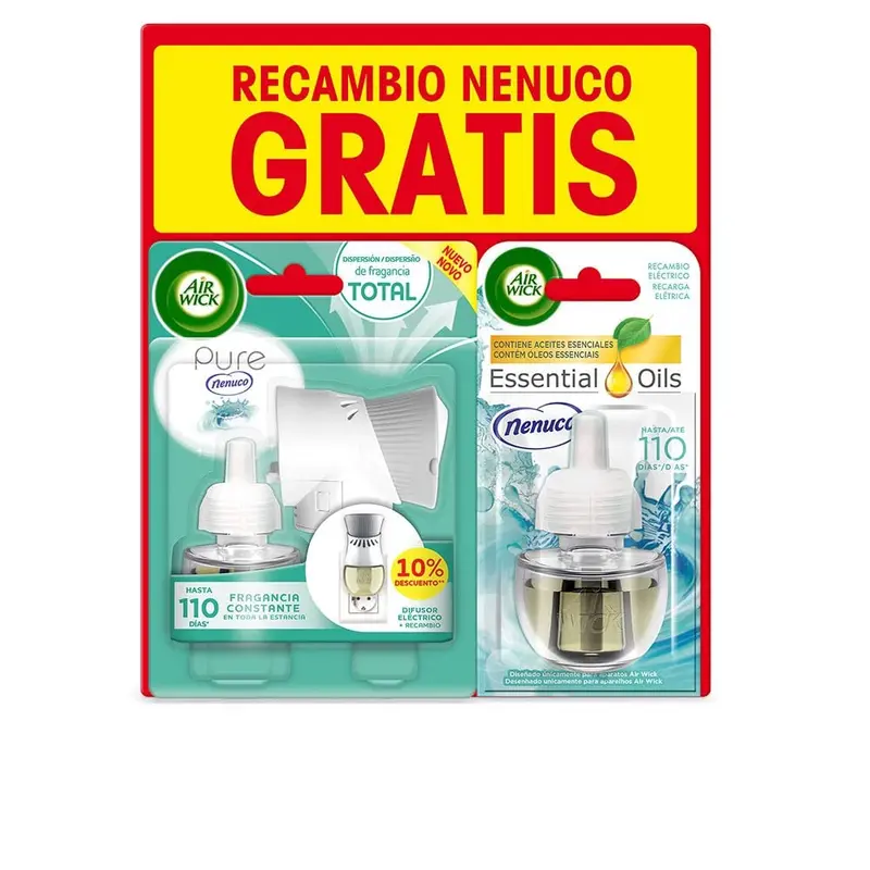 Air Wick Ambientador Eléctrico, Kit Completo con Aparato y 2 Recambios de fragancia Nenuco. Disfruta de un aroma fresco y constante con intensidad regulable en tu hogar.