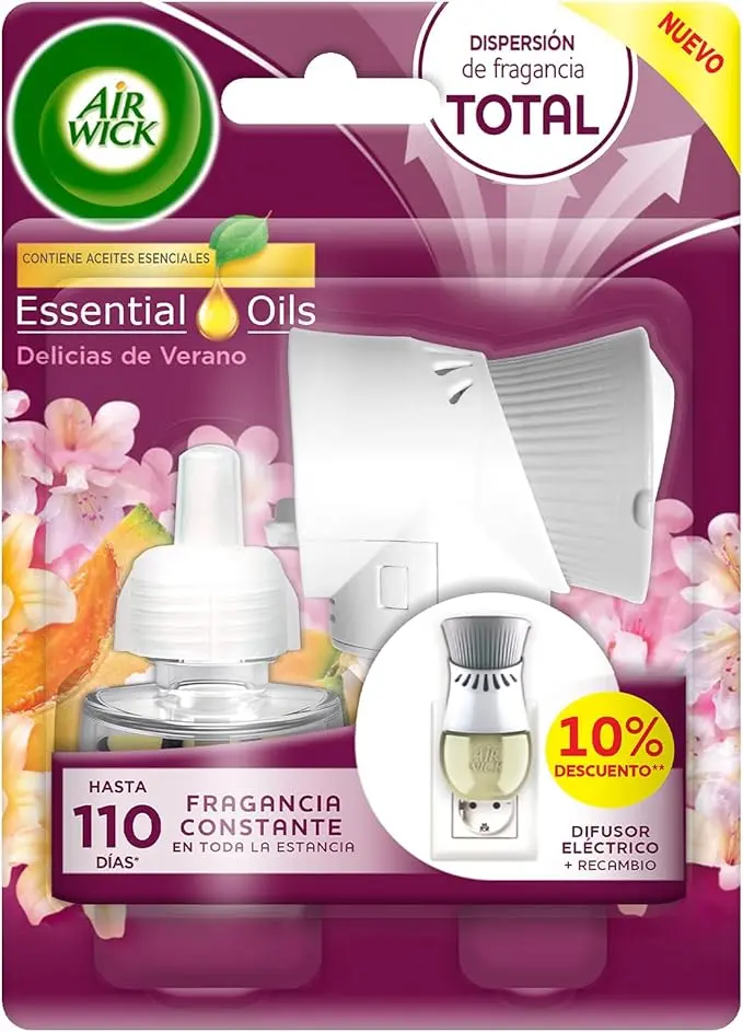 Air Wick Ambientador Eléctrico, Kit Completo con Aparato y Recambio fragancia Delicias de Verano. Sumérgete en un aroma a flores blancas, melón y vainilla que te encantará.