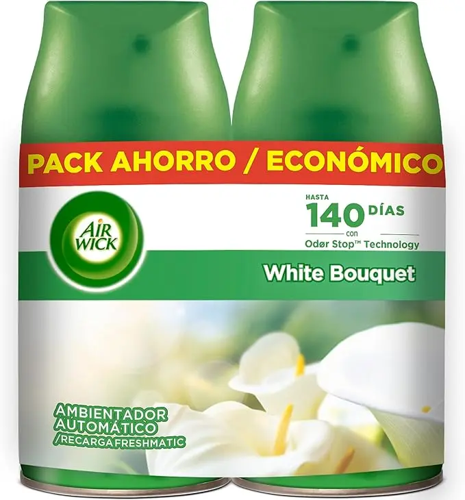 Air Wick Freshmatic Duplo Recambio, Pack de 2 Ambientadores Automáticos con Aroma a Flores Blancas. Disfruta de una fragancia duradera que elimina olores y perfuma tu hogar.