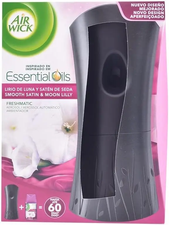 Air Wick Freshmatic Kit Completo de Ambientador Automático. Incluye difusor y un recambio con fragancia Lirio de Luna y Satén de Seda para un hogar acogedor.