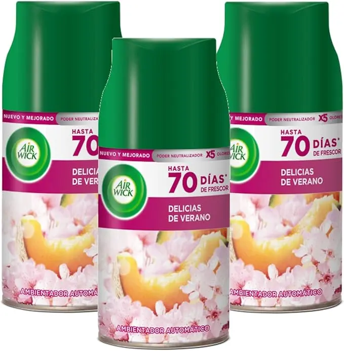 Air Wick Freshmatic Pack de 3 Recambios para Ambientador Automático, con Esencia para Casa y Aroma a Delicias de Verano. Un formato ahorro para un hogar siempre fresco y alegre.
