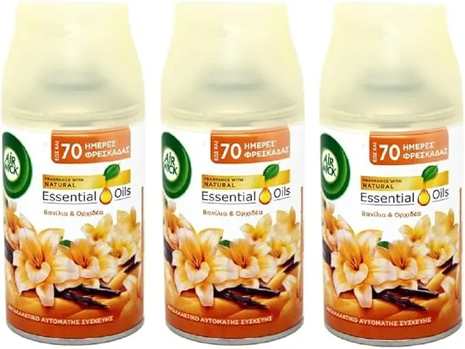 Air Wick Freshmatic Pack de 3 Recambios para Ambientador Automático, Fragancia Orquídea y Vainilla, 3x250ml. Sumérgete en un aroma floral y dulce de larga duración para tu hogar.