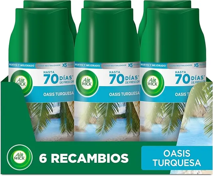 Air Wick Freshmatic Pack de 6 Recambios para Ambientador Automático, Esencia para Casa con Aroma a Oasis Turquesa. Formato ahorro para una frescura duradera en tu hogar.