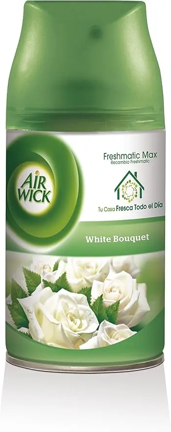 Air Wick Freshmatic Recambio para Ambientador Automático, fragancia Fresia y Jazmín, 265g. Un aroma floral inspirado en flores blancas recién cortadas para un hogar fresco y perfumado.