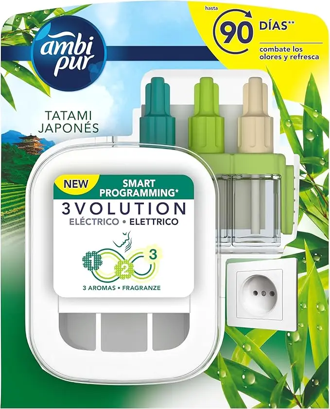 Ambi Pur 3Volution Ambientador Eléctrico Kit con Fragancia Frescor de la Mañana 20ml. Disfruta de un ambiente sin olores y con un perfume que dura 80 días.