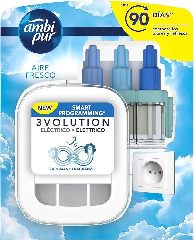 Ambi Pur 3Volution Ambientador Eléctrico Kit Inicial Sky-Aire Fresco. Elimina olores y perfuma tu hogar hasta 90 días con 3 fragancias que se alternan.