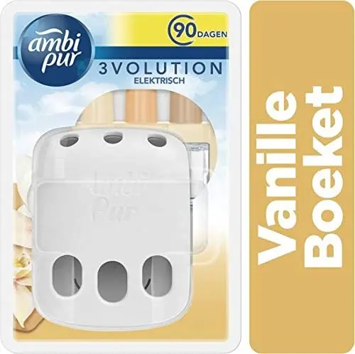 Ambi Pur 3Volution Kit de Inicio con Difusor Eléctrico y Recambio (20 ml) Aroma Vainilla & Bouquet. Elimina olores y refresca el aire de tu hogar hasta 90 días.