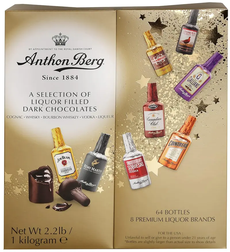 Anthon Berg Caja de Regalo con 64 Botellitas de Chocolate Negro Rellenas de Licor. Un surtido de 1kg con las mejores marcas de bebidas espirituosas para una experiencia gourmet.