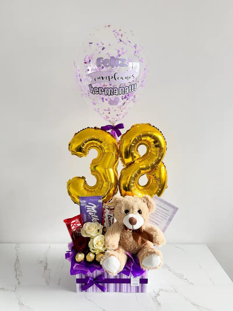 Arreglo Peluche, rosas, chocolates y globos