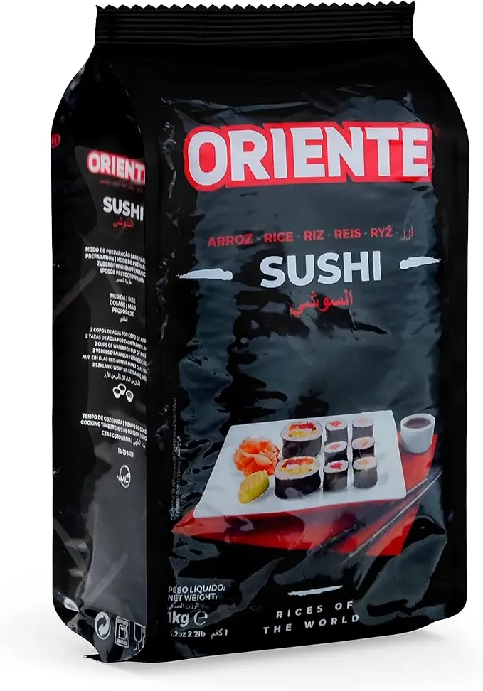 Arroz de Sushi Premium Oriente, Paquete de 1kg. Auténtica variedad Japónica 100% de grano corto, ideal para elaborar fácilmente sushi, nigiri y maki con calidad de restaurante.