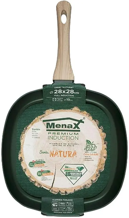 Asadora Grill Menax Natura de 28x28 cm. Plancha de aluminio forjado con 5 capas de antiadherente y base Full Inducción, en un elegante color Verde Esmeralda.