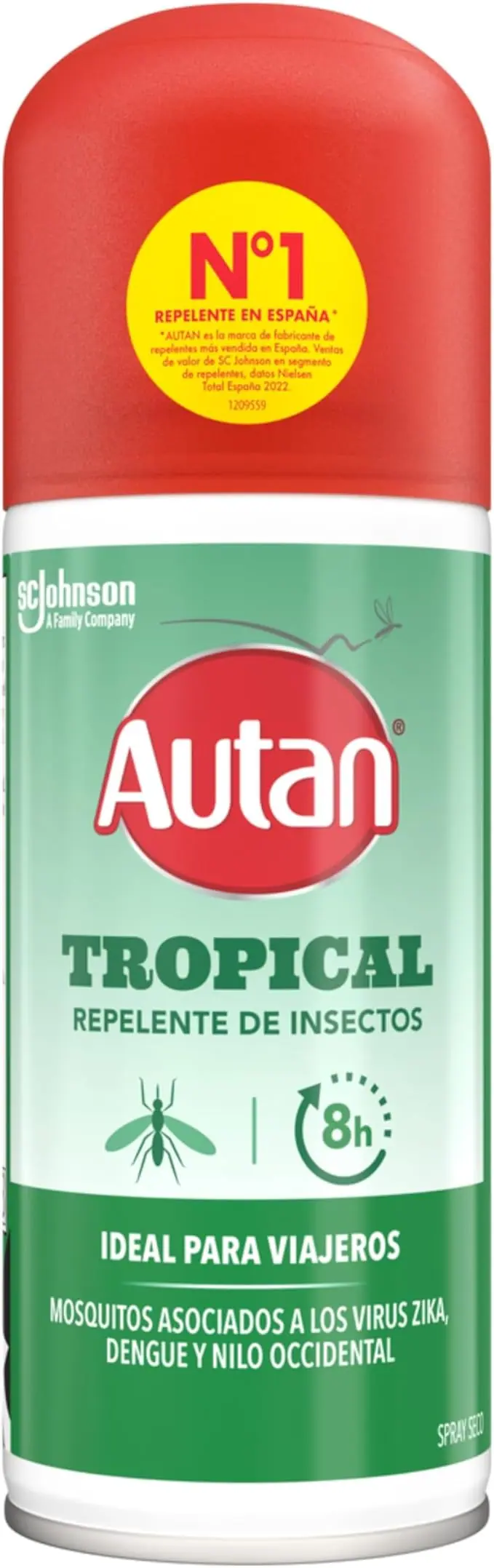 Autan Tropical Repelente de Mosquitos en Spray Seco, 100ml. Máxima protección de hasta 8 horas contra mosquitos comunes, tropicales y tigre. Ideal para viajes y zonas de riesgo.