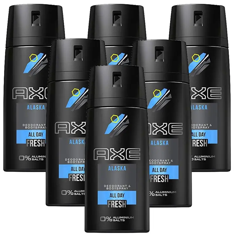 AXE Alaska Desodorante y Body Spray para Hombre, Pack de 6x150ml. Fragancia fresca y ártica sin sales de aluminio para una protección eficaz y duradera contra el mal olor.