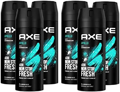 AXE Apollo Desodorante Body Spray para Hombre, Pack de 6x150ml (900ml). Fragancia clásica 0% aluminio con tecnología Dual Action para 48h de frescura y protección contra el olor.