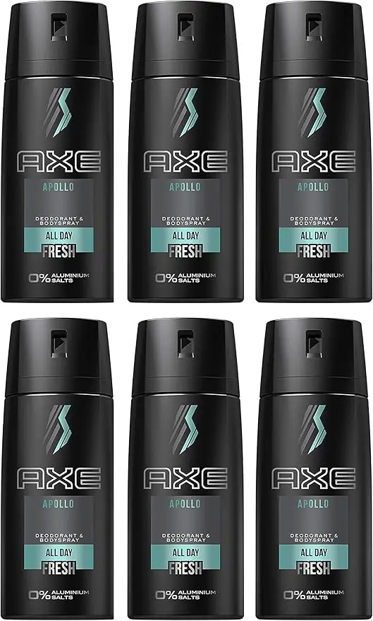 AXE Apollo Desodorante y Body Spray para Hombre, Pack de 6x150ml (900ml). Fragancia clásica y masculina con notas de salvia y sándalo para una protección duradera y un aroma celestial.