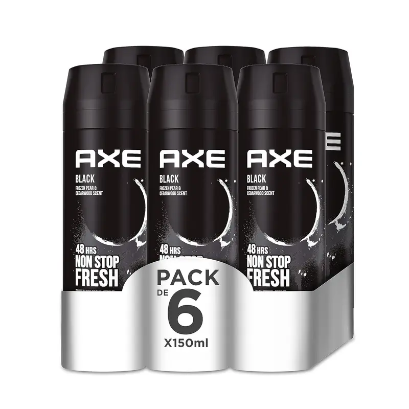 AXE Black Desodorante Body Spray 48h, Pack de 6x150ml. Fórmula 0% aluminio con tecnología Zinc Complex para una protección superior y una fragancia irresistible de bergamota y cedro.