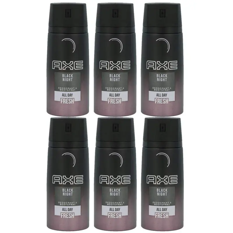 AXE Black Night Desodorante y Body Spray para Hombre, Pack de 6x150ml. Una fragancia seductora y enigmática con cardamomo, cedro y vainilla para una protección de larga duración.