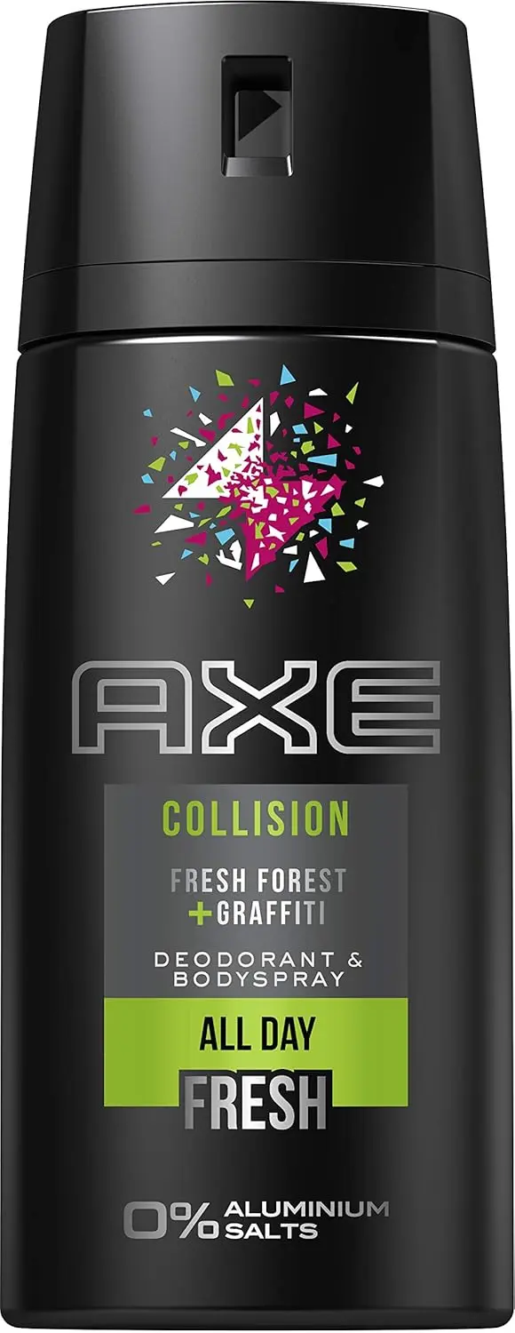 AXE Collision Desodorante Bodyspray Fresh Forest + Graffiti, sin aluminio. Pack de 3x150ml (450ml) con notas de cítricos, teca y pachuli para una frescura única.