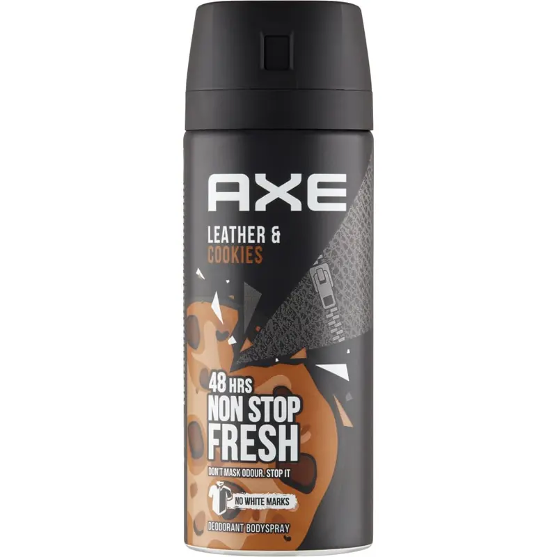 AXE Collision Leather & Cookies Desodorante Body Spray, Pack de 3x150ml. Una fragancia masculina inesperada y adictiva sin sales de aluminio para una frescura y protección duraderas.