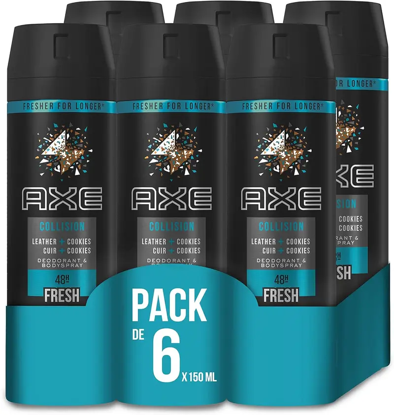 AXE Collision Leather & Cookies Desodorante Body Spray, Pack de 6x150ml (900ml). Una fragancia sofisticada con mandarina, cuero y cookies para un aroma masculino único y duradero.