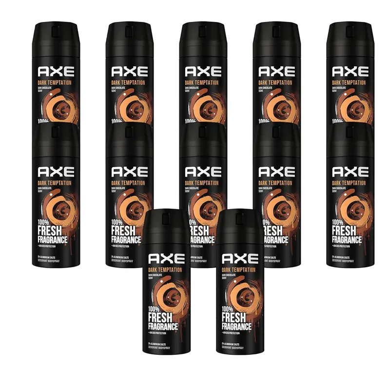 AXE Dark Temptation Desodorante Body Spray, Mega Pack de 12x150ml. El máximo ahorro para la fragancia más irresistible de AXE, con protección de 48h y 0% sales de aluminio.