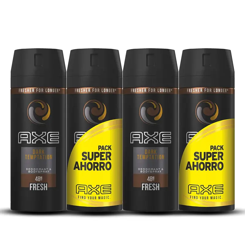 AXE Dark Temptation Desodorante Bodyspray, Pack Duplo Ahorro de 4x150ml (600ml). Una fragancia adictiva y fresca para una protección duradera contra el mal olor.