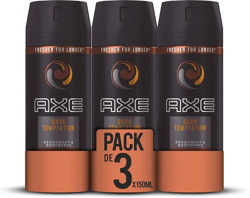 AXE Dark Temptation Desodorante Bodyspray para Hombre, Pack de 3x150ml (450ml). Fragancia irresistible de chocolate, ámbar y pimienta roja con 48h de protección.