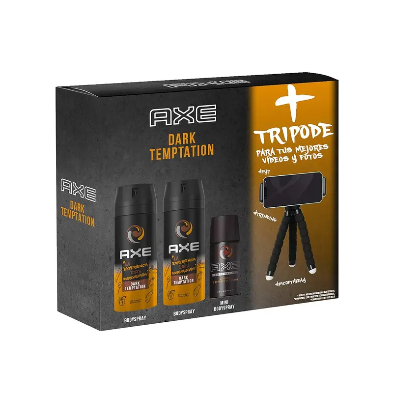 AXE Dark Temptation Pack de Regalo Trípode para Hombre. Incluye dos desodorantes bodyspray de 150ml y un práctico formato de viaje de 35ml para una frescura irresistible en casa y fuera.