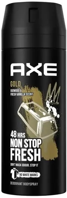 AXE Gold Desodorante Bodyspray con aroma a Oud Wood & Dark Vanilla. Pack de 3x150ml (450ml) para una protección sofisticada y una fragancia exótica y masculina.