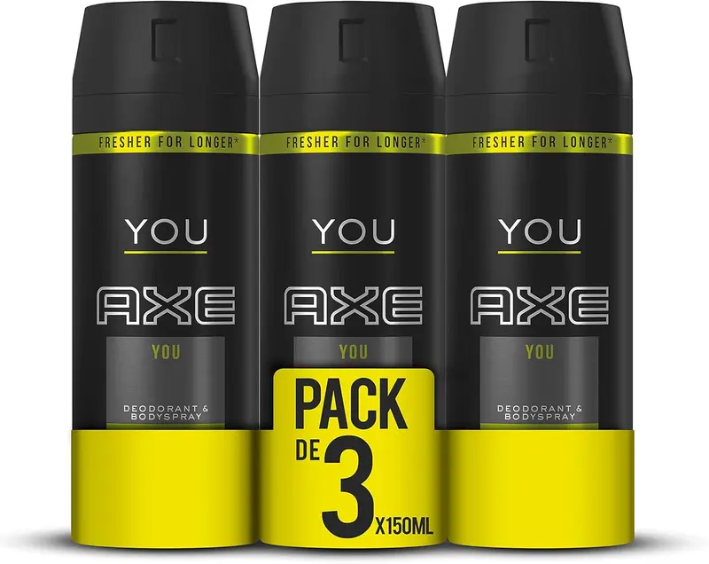 AXE You Desodorante Bodyspray para Hombre, 48h de Protección, Pack de 3x150ml. Fragancia masculina moderna con madera de ámbar y canela especiada.