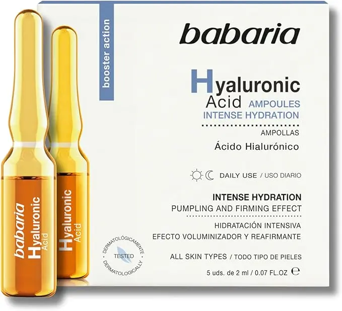 Babaria Ampollas Faciales Flash con Ácido Hialurónico, Efecto Lifting Inmediato. Tratamiento intensivo de 5x2ml para una hidratación profunda y piel más tersa.
