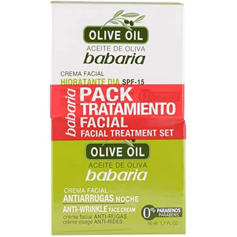Babaria Pack Tratamiento Facial Olive Oil con Aceite de Oliva. Incluye Crema de Día con SPF15 y Crema de Noche Antiarrugas (2x50ml). Fórmula vegana sin parabenos.