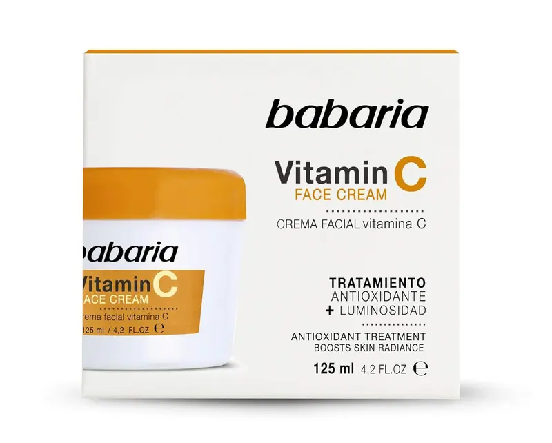 Babaria Vitamina C Crema Facial Iluminadora y Antioxidante, 125 ml. Tratamiento facial enriquecido con Vitamina C para una piel más luminosa, hidratada y protegida.