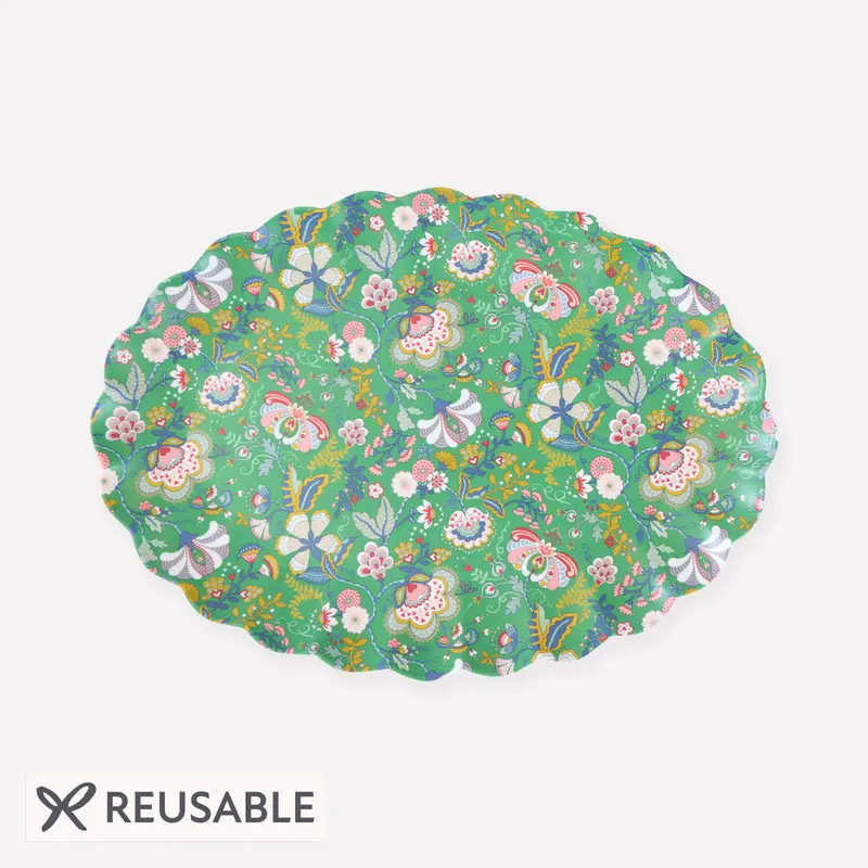 Bandeja ovalada reutilizable con flores verdes
