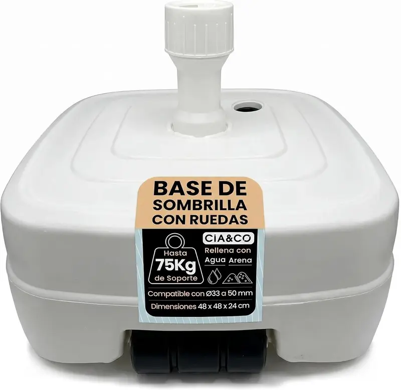 Base de Sombrilla con Ruedas XXL 75 kg CIA&CO | Rellenable Agua o Arena 46L | Compatible Ø33-50 mm | Exterior Jardín y Terraza