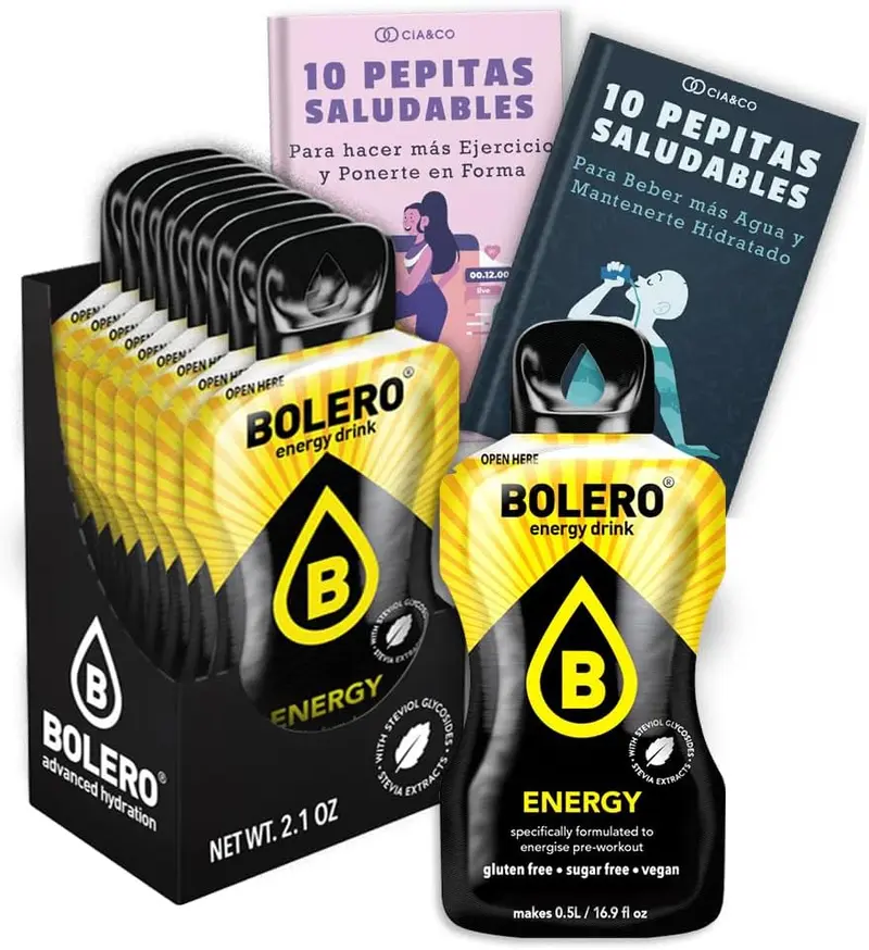 Bebida Bolero ENERGY Sin Azúcar, Pack 12 sobres (12x7g). Bebida energética en polvo con cafeína, taurina y vitaminas para una hidratación funcional y revitalizante.